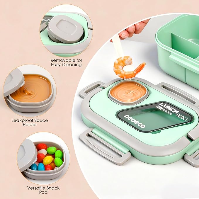 Bento Box Set with Lunch Bag, Lunch Containers for Women&Men&Kids. Leakproof 3-Compartment and 2-Tier Stackable Container with Portable Sauce Pod, Microwave/Dishwasher Safe, BPA-Free (Green)
