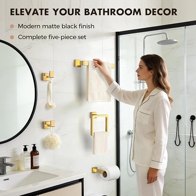 Bathroom Accessory Towel Bar Set: 5 Pieces Gold Bathroom Hardware Square SUS304 Stainless Steel - Wall Mounted Towel Rack&Toilet Paper Holder&Towel Ring and Towel Hook