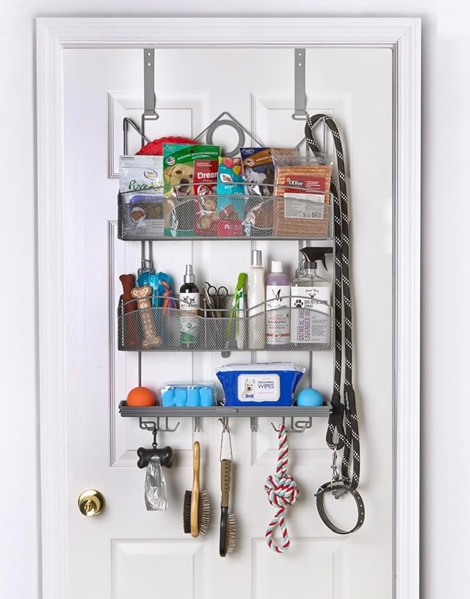 Over The Door #3100 Hanging Storage for Keys and Pet Supplies, All-in-One Rack in Grey Patented