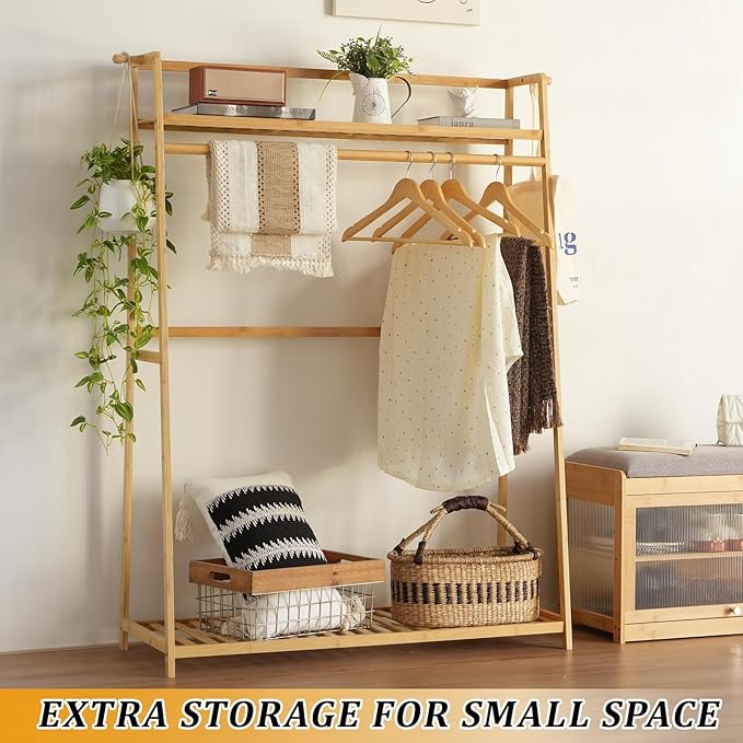 Bamboo Clothing Garment Rack 2 Tier Storage Shelf Coat Clothes Hanging Rack, Portable Wardrobe Closet Organizer With Top Shelf, Shoe Storage Shelves for Bedroom (Natural - 39.37 in)