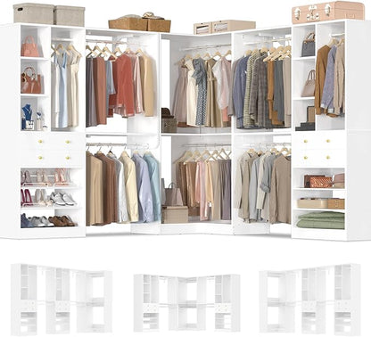 Large Closet System (Set of 3) with 4 Drawers, 8 Hanging Robs, 91.5"/151" Closet Organizer System with Corner Tower, Reversible Walk-in Closet System Corner Closet System, White