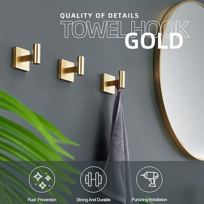 KOKOSIRI Robe Hooks Bathroom Towel Coat Hook for Bath Kitchen Wall 3 Pack Brushed Gold Stainless Steel B1013BG-P3