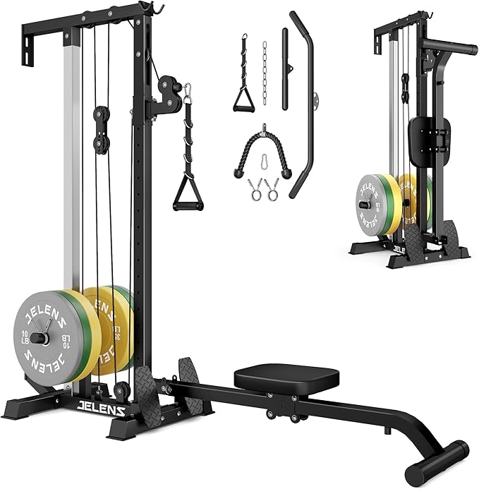 RC01 Foldable LAT Pulldown Machine with Adjustable seat, Wall Mount Cable Station with 16 Adjustable Positions, Cable Machine Home Gym 2 in 1, Functional Trainer with Rowing and LAT Pulldown