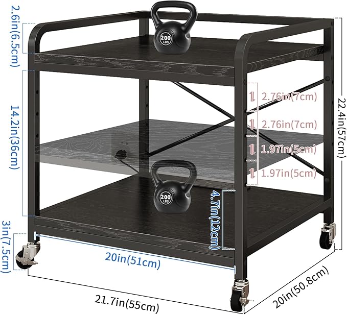 Under Desk Printer Stand with Power Outlet Large Printer Table with Adjustable Shelf,Industrial Wheels, 20 Inches Deep 2 Tier Rolling Printer Cart for Home Office, Black