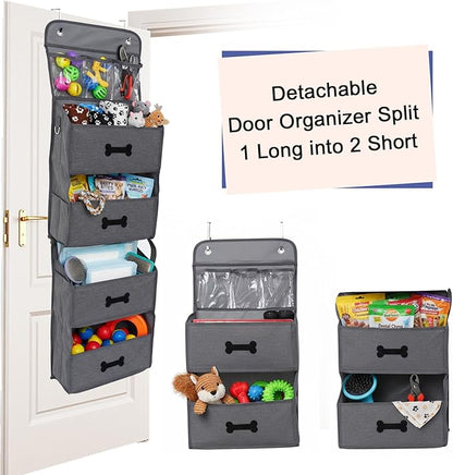 4-Shelf Dog Storage Organizer for Dog Toys,Over Door Basket for Pet Stuff with 2 Metal Hooks,4 Large Pockets for Dogs Leash,Harness,Toys,Treats-with DIY Tag-48''(Height)-Grey ﻿