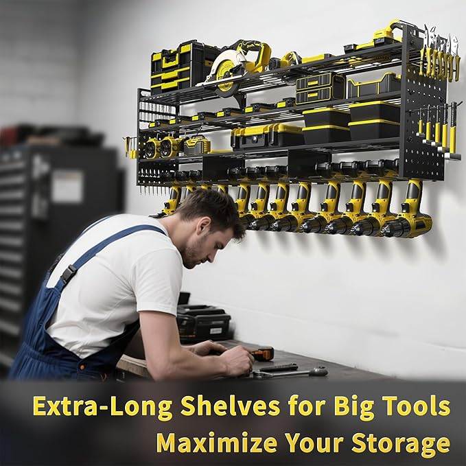 52'' Heavy Duty Power Tool Organizer Rack | 660lbs Capacity 4-Tier Wall Mount Garage Storage Shelf | Adjustable Pegboard Tool Storage for Workshop, Garage, and DIY Enthusiasts