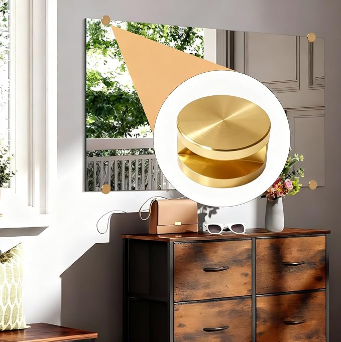 Aluminum Mirror Clips, Round Shape Wall-Mounted Mirrors Bracket, Glass Clips Clamps Holder, Dresser Mirror Fixed Fitting for 5-11mm Thick Mirrors 8 Pcs (Gold)