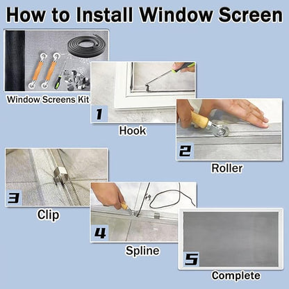 King&Charles Window Screen Door Repair/Replacement Kit, Include Black Screen Mesh 48"x118"+ 2 Roller+50Ft Spline+8Clips+Hook, 6 in 1 Window Mesh Kit, Steel/Nylon Bearing Roller