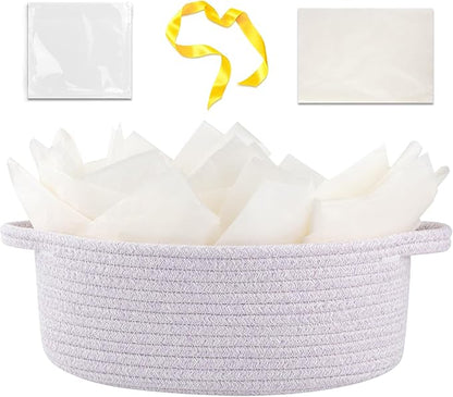 OIAHOMY Gift Basket with Handle, Small Woven Basket with Gift Bag, Ribbon and Wrap Tissue Paper, Nursery Bins Empty to Fill with Small Items, Baby, Pet Toy Organizer - Purple