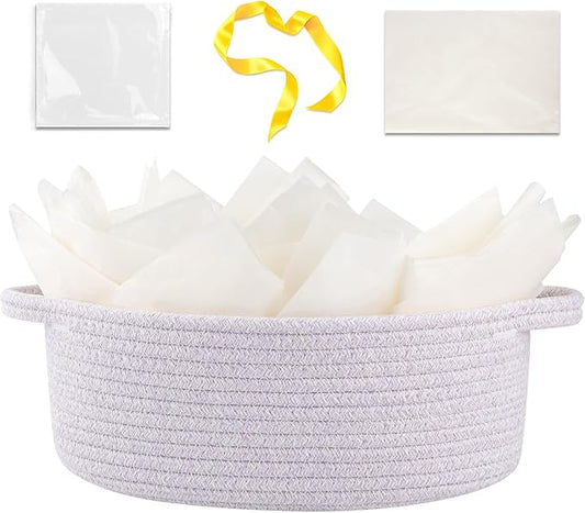 OIAHOMY Gift Basket with Handle, Small Woven Basket with Gift Bag, Ribbon and Wrap Tissue Paper, Nursery Bins Empty to Fill with Small Items, Baby, Pet Toy Organizer - Purple