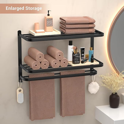 DDS-DUDES 23 Inch 3-Tier Black Towel Racks for Bathroom with Towel Bars Multilayer Hotel Towel Shelf Stainless Steel Wall-Mounted Matte Finished Holder with Towel Shelves