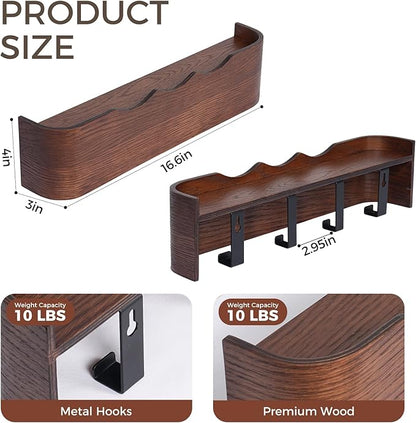 Wall Coat Rack Floating Shelves Modern Coat Rack Wall Mount with Storage Entryway Shelf Wooden Hanger 20 Inch 4 Hidden Metal Hooks for Living Room Bedroom (Wavy Walnut Color, 4 Hooks)