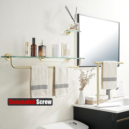 JQK Bathroom Glass Shelf, Shelf with 29 Inch Towel Bar Tempered Glass Shower Storage 30 by 5 inches, 304 Stainless Steel Brushed Gold Wall Mount, TGS100L30-BG