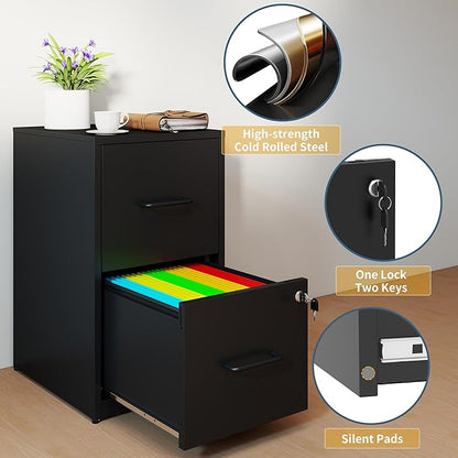 2 Drawer File Cabinet with Lock, Vertical Filing Cabinets for Home Office, Metal Storage Cabinet, Heavy Duty File Cabinet for Under Desk, Amsseble Required, Black