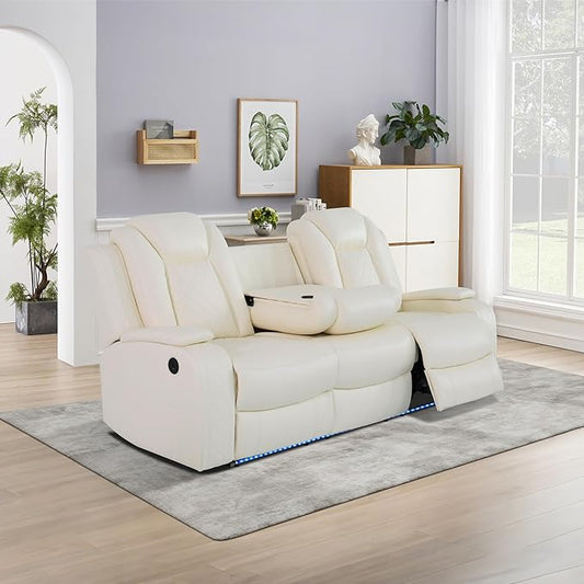 3 Seat Recliner Sofa for Living Room,Living Room Furniture Sets Recling Couch with LED, Soft Creamy White Leather Power Reclining Sofa with CupHolders,Storage,Breathing Leather for Home/Office