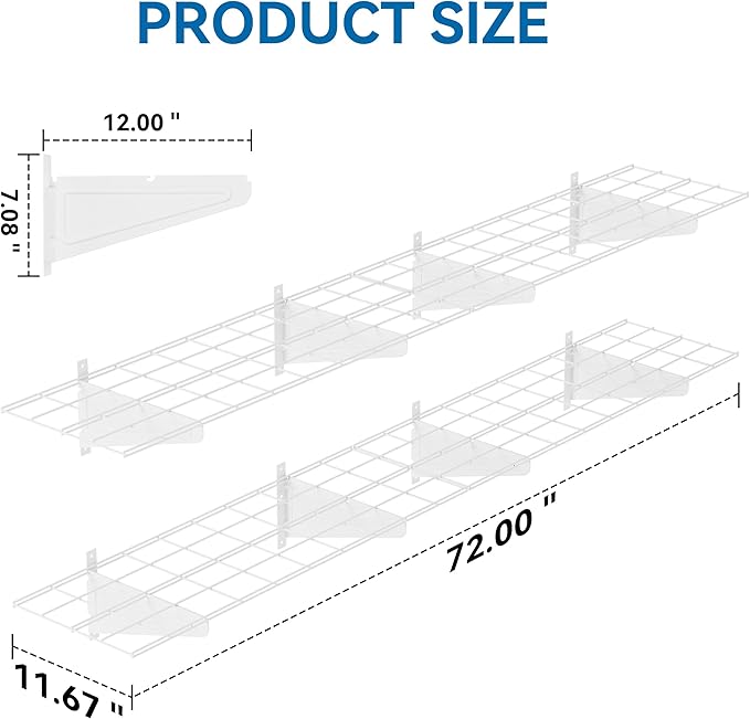 2-Pack 1x6ft Garage Wall Shelving, 12"x72" Shelf Storage Rack Floating Shelves Wall Mounted, Heavy Duty Storage Shelves, 800lbs Load Capacity, with 16 Hooks for Garage Organization, White