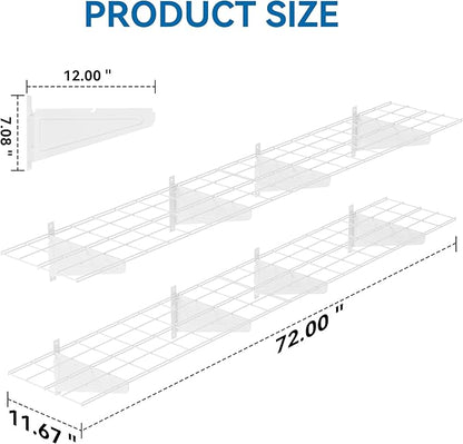 2-Pack 1x6ft Garage Wall Shelving, 12"x72" Shelf Storage Rack Floating Shelves Wall Mounted, Heavy Duty Storage Shelves, 800lbs Load Capacity, with 16 Hooks for Garage Organization, White