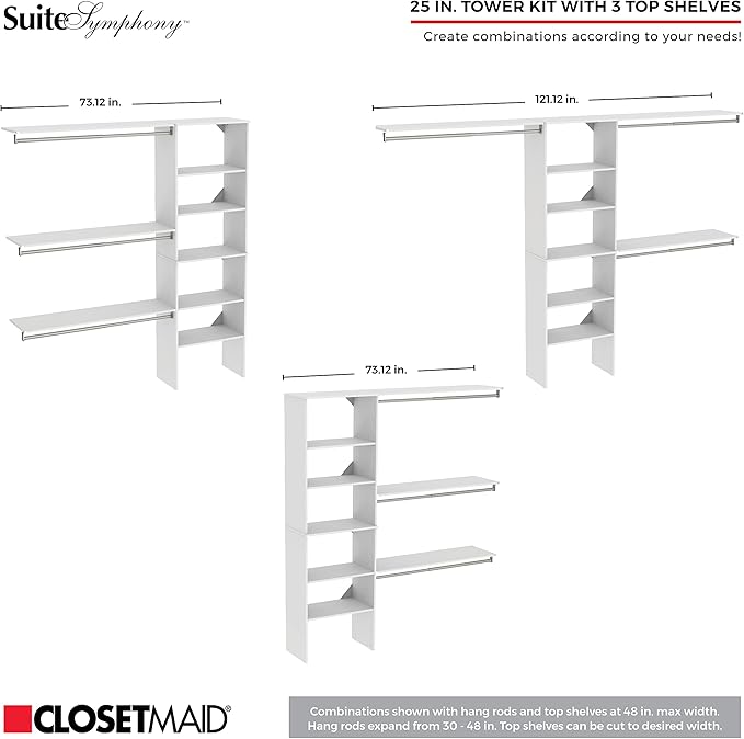 ClosetMaid SuiteSymphony Wood Closet Organizer Kit with Tower, 3 Hang Rods, Top Shelves, 3 Drawers, Adjustable, Fits Spaces 6 - 10 ft. Wide, Graphite Grey