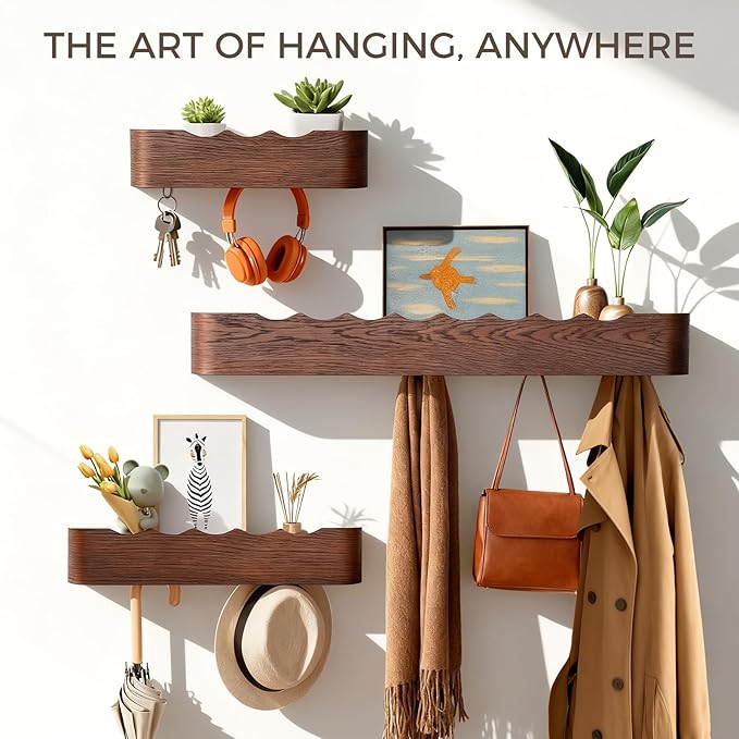 Wall Coat Rack Floating Shelves Modern Coat Rack Wall Mount with Storage Entryway Shelf Wooden Hanger 20 Inch 4 Hidden Metal Hooks for Living Room Bedroom (Wavy Walnut Color, 4 Hooks)