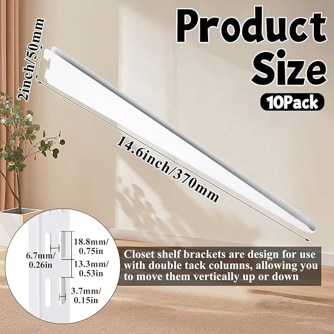 10 Pack 14.5 Inch Adjustable Shelf Brackets, Heavy Duty Wire Shelving Brackets, Locking Shelf Bracket for Double Track System Closet Organization