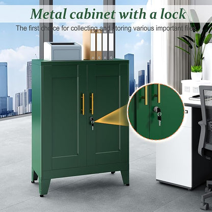 Green Metal Storage Cabinet, 36" Tall Locking Storage Cabinet with 2 Adjustable Shelves, Steel Locker Organizer, for Office, Home, School, 11.81" D x 23.62" W x 35.83" H