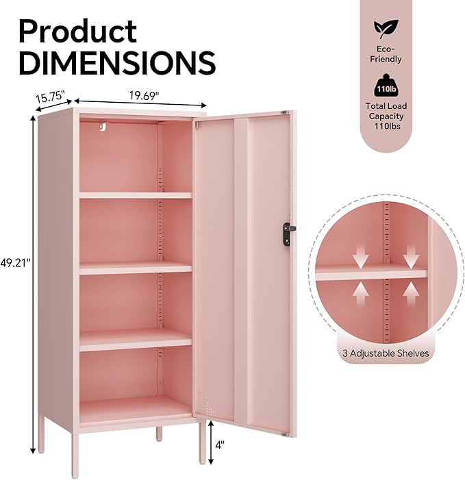 Metal Lokcer Cabinet (Pink, 19.69" D x 15.75" W x 49.21" H)