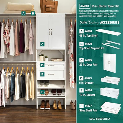 ClosetMaid SuiteSymphony Wood Closet Drawer, Add On Accessory, Shaker Style, For Storage, Closet, Clothes, 25” x 10” Size for 25 in. Units, Pure White
