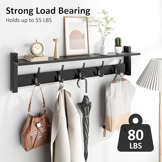 Coat Rack Wall Mount with Shelf, 29 Inch Coat Hanger Walls Mounted, Hat Rack for Walls, Shelf with 5 Coat Hooks, Wall Hanger for Entryway (Black)