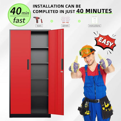 Bonusall 72" Metal Garage Storage Cabinet - 900lbs Heavy Duty Steel Cabinet with 3-Point Locking System & 4 Adjustable Shelves, Lockable Tall Storage for Garage, Office, Warehouse - Black & Red