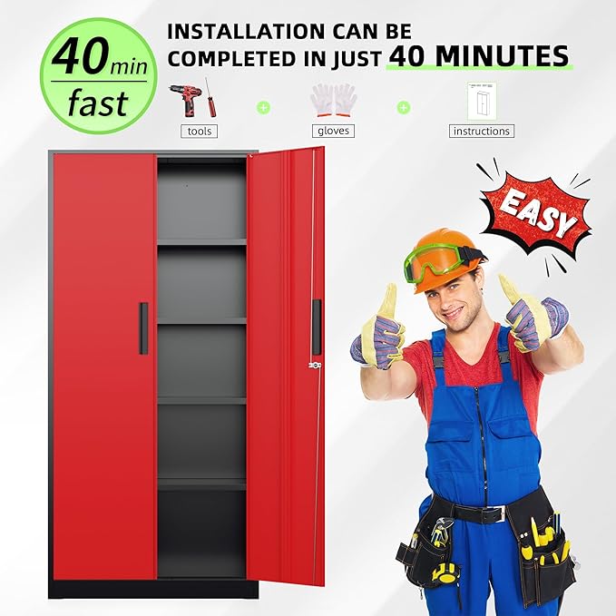 INTERGREAT Garage Storage Cabinet with Lockable Door, 72" H Metal Locking Cabinets with 4 Adjustable Shelves,Black Red Steel Cabinets Storage for Home Office, Warehouse，School