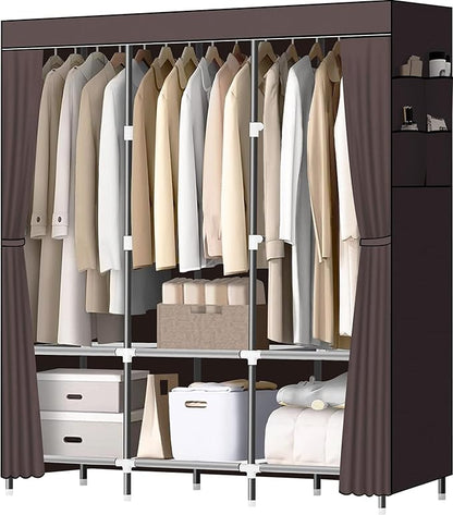LOKEME Wardrobe Closet,Portable Closet for Bedroom Steel Pipe Diameter 19mm Strong and Sturdy Coffee Colored Portable Closets for Hanging Clothes with 3 Hanging rods, 6 Storage Shelves and Side Pocket