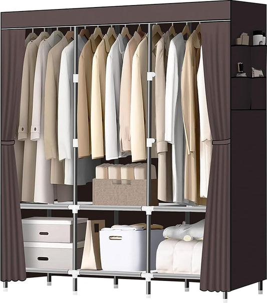LOKEME Wardrobe Closet,Portable Closet for Bedroom Steel Pipe Diameter 19mm Strong and Sturdy Coffee Colored Portable Closets for Hanging Clothes with 3 Hanging rods, 6 Storage Shelves and Side Pocket