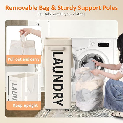 2 Pack Rolling Laundry Basket with Wheels, 90L Hamper with Wheels and Removable Mesh Bag, White Laundry Baskets on Wheels for Bedroom, Dorm, Clothes Hamper Organizer