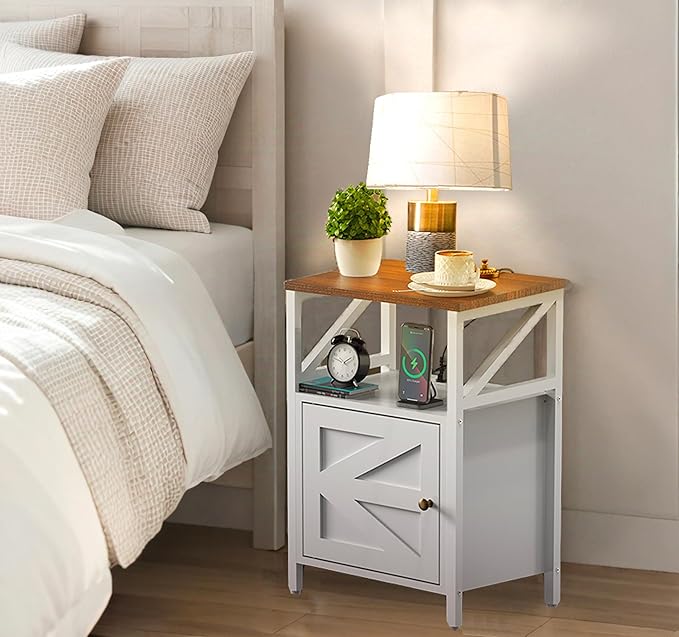 Farmhouse Side Table with Charging Station -3-Tier USB Ports & Outlets End Table, Compact Bedside Storage Table for Small Spaces, Multi-Functional Accent Table for Bedroom, Living Room, Couch Entryway