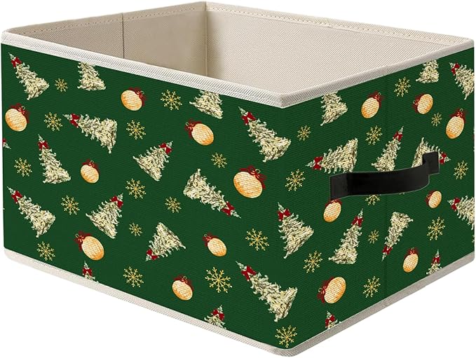 Green Christmas Tree Storage Bin Box with Handles, Snowflake Red Bow Bauble Ball Holiday Winter Christmas Foldable Organizer Basket Toybox for Home Bedroom Bathroom Clothes Toys Books
