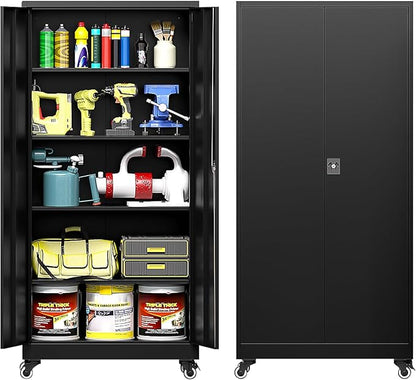 Metal Storage Cabinet with Wheels, Tall Garage Storage Cabinet with 4 Adjustable Shelves and 2 Doors, Lockable Tool Cabinet for Garage Home Office,Gym,School(Black)