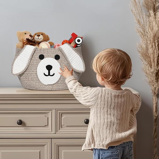 Zopeal Dog Woven Basket Cute Woven Cotton Rope Puppy Animal Storage Basket for Laundry Toy Gift(Brown, White,13 x 8 Inch)