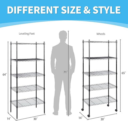 Simple Deluxe 5-Tier Storage Shelves, 29.92" W x 13.78" D x 65 "H Adjustable Heavy Duty Wire Shelving, 1250 Lbs Loading Capacity, Black