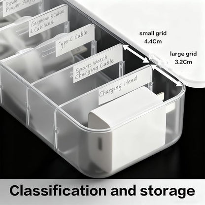 Cord Organizer Box with Lid, 7 Compartment Cable Management with 7 Wire Ties, Dustproof Cable Storage Box for Office & Home, Wire Hider for Computer Desk, Charger Cables, Power Cords (1pack)