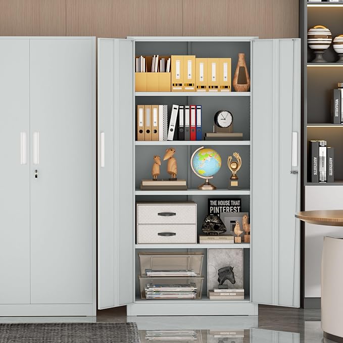 Metal Garage Storage Cabinet, 72” Lockable File Cabinets with 2 Doors and 4 Adjustable Shelves, Steel Tool Cabinets with Lock for Office, Home, Garage, Warm Grey