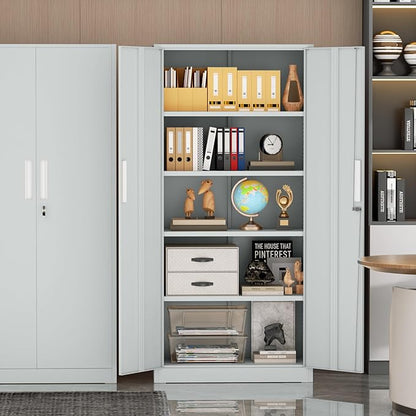 Metal Garage Storage Cabinet, 72” Lockable File Cabinets with 2 Doors and 4 Adjustable Shelves, Steel Tool Cabinets with Lock for Office, Home, Garage, Warm Grey