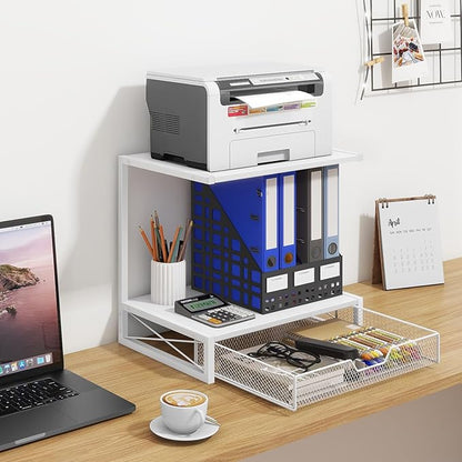 ELITEROO Printer Stand for Desk with Storage Drawer, 2 Tier Desktop or Under Desk Shelf, Wood Desktop Organizer for Home Office, Fits 3D Printer, Scanner, Fax Machine, Cricut, White