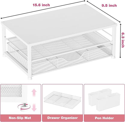 OPNICE Desk Organizers and Accessories, 2-Tier Computer Monitor Stand Riser with Drawer and 2 Pen Holders, Laptop Stand, Office Desk Accessories for Office Supplies, White Wood
