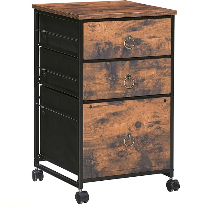 HOOBRO 3-Drawer Mobile File Cabinet, Vertical Filing Cabinet, Under Desk Cart with Drawers for Home Office, Rolling Printer Stand, A4/Letter-Sized, Fabric Drawer, Rustic Brown BF30WJ01
