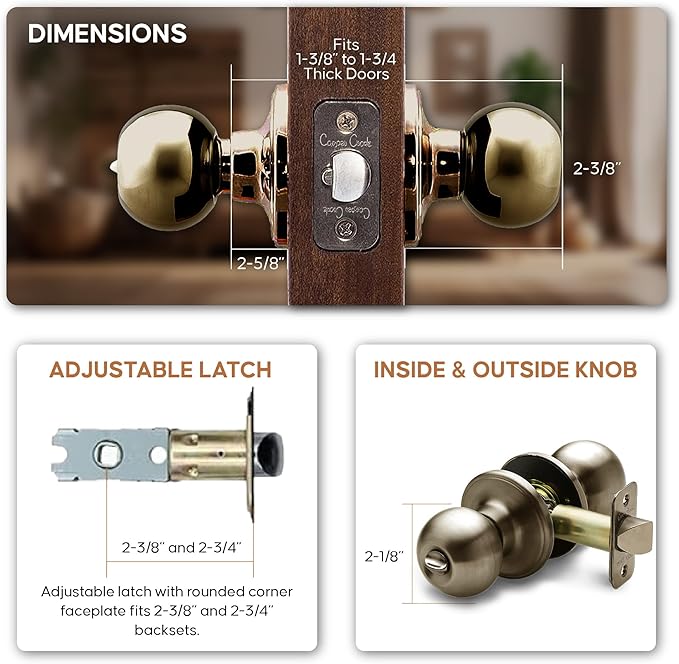 Copper Creek BK2030AB Ball Door Knob, Privacy Function, 1 Pack, in Antique Brass