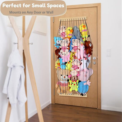 Stuffed Animal Storage Wood Soft Toy Organizer for Kids Room，Cute and Durable Wall or Door Mount Length Adjustable Hanging Stuffed Animal Toy Organizer Shelf for Nursery Play Room Black -Patent