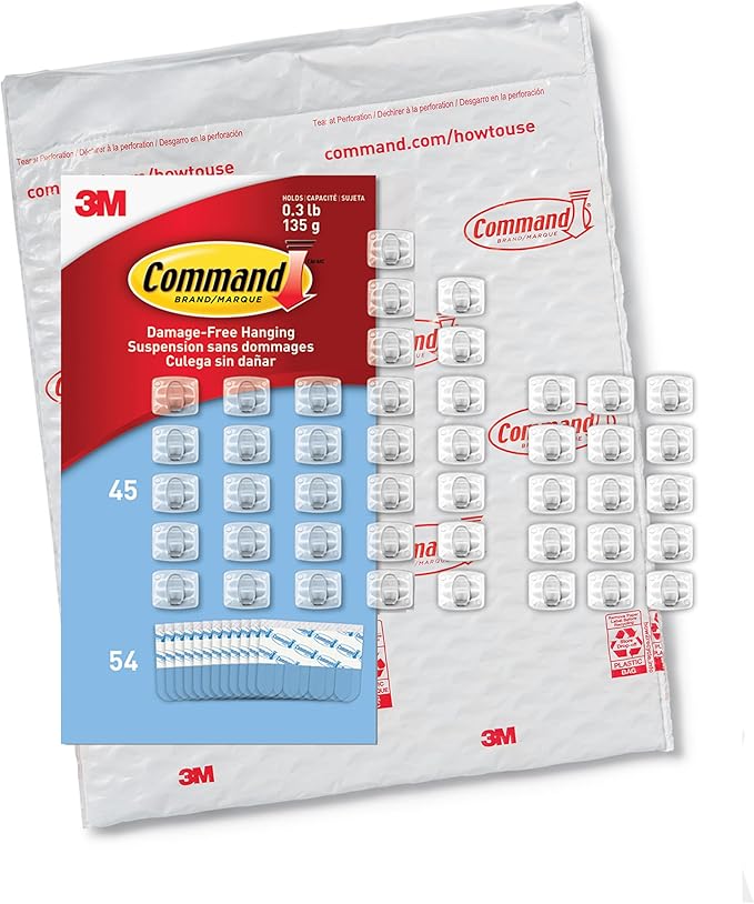 Command Clear Indoor Mini Light Clips Value Pack, 45 Clips, 54 Strips, Damage-Free String Light Hangers for Home, Room, Wall, Office, and Dorm Decor, Great for Cable Management, Holds up to 0.3 lb
