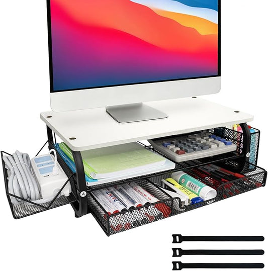 Desk Organizers and Accessories Monitor Riser, Monitor Stand with Drawer (2-Tier Drawers) with Large Side Storage Rack & Cable Management,66LBS/30KG, Office Organization, White