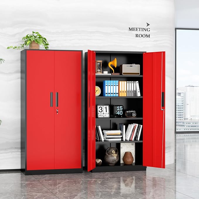 SUNCROWN 72" Metal Storage Cabinet - Heavy-Duty Metal Garage Cabinet with 4 Adjustable Shelves & 2 Doors for Tools, Office, Home, Workshop,Black & Red-Small