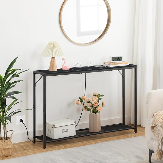 Sofa Table with Power Outlet, 43.7" Console Table with USB Ports, Behind Couch Table, Entryway Table for Living Room, Entryway, Foyer, Metal Frame, Adjustable Feet, Black CTHB11E01N1